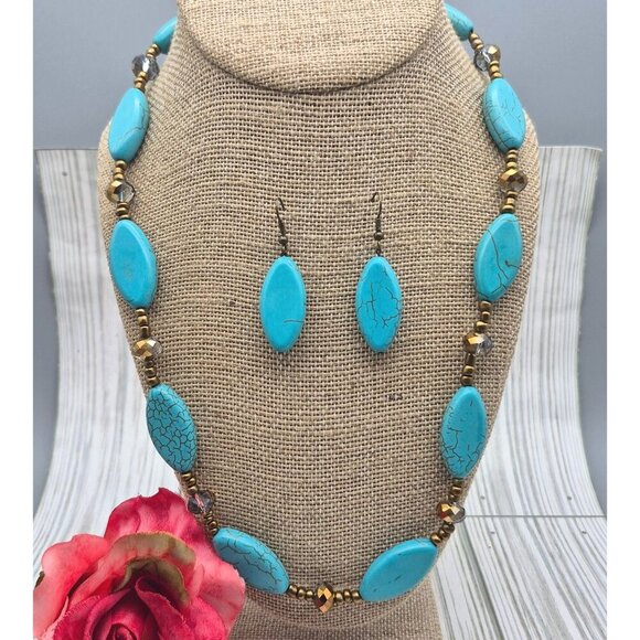 Artisan Bronze Bead & Howlite Stone Faux Turquoise Collar Necklace & Earring Set - Picture 3 of 12
